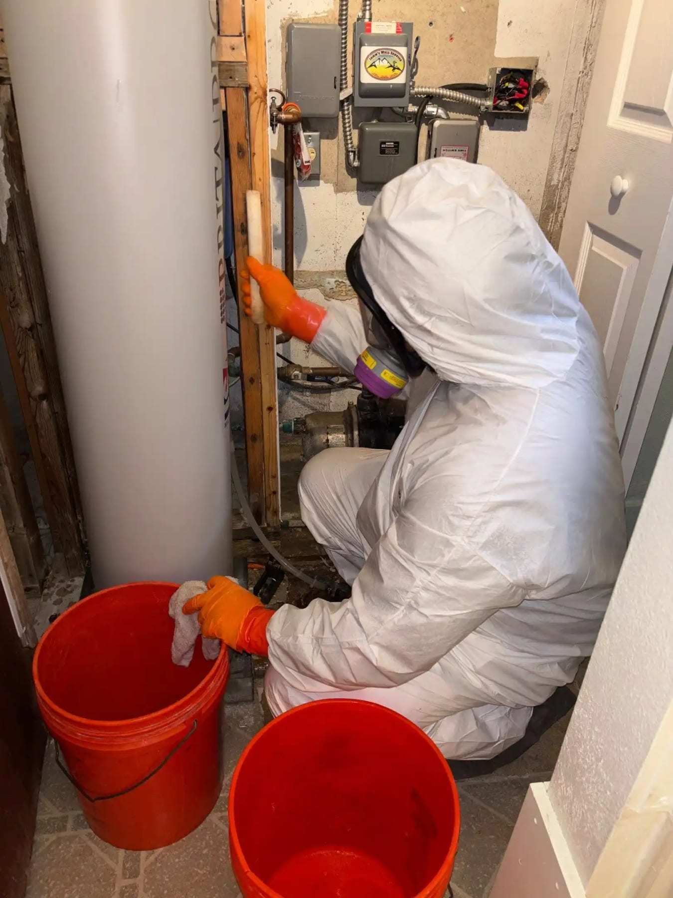 Technician in a protective suit beside a water heater with buckets